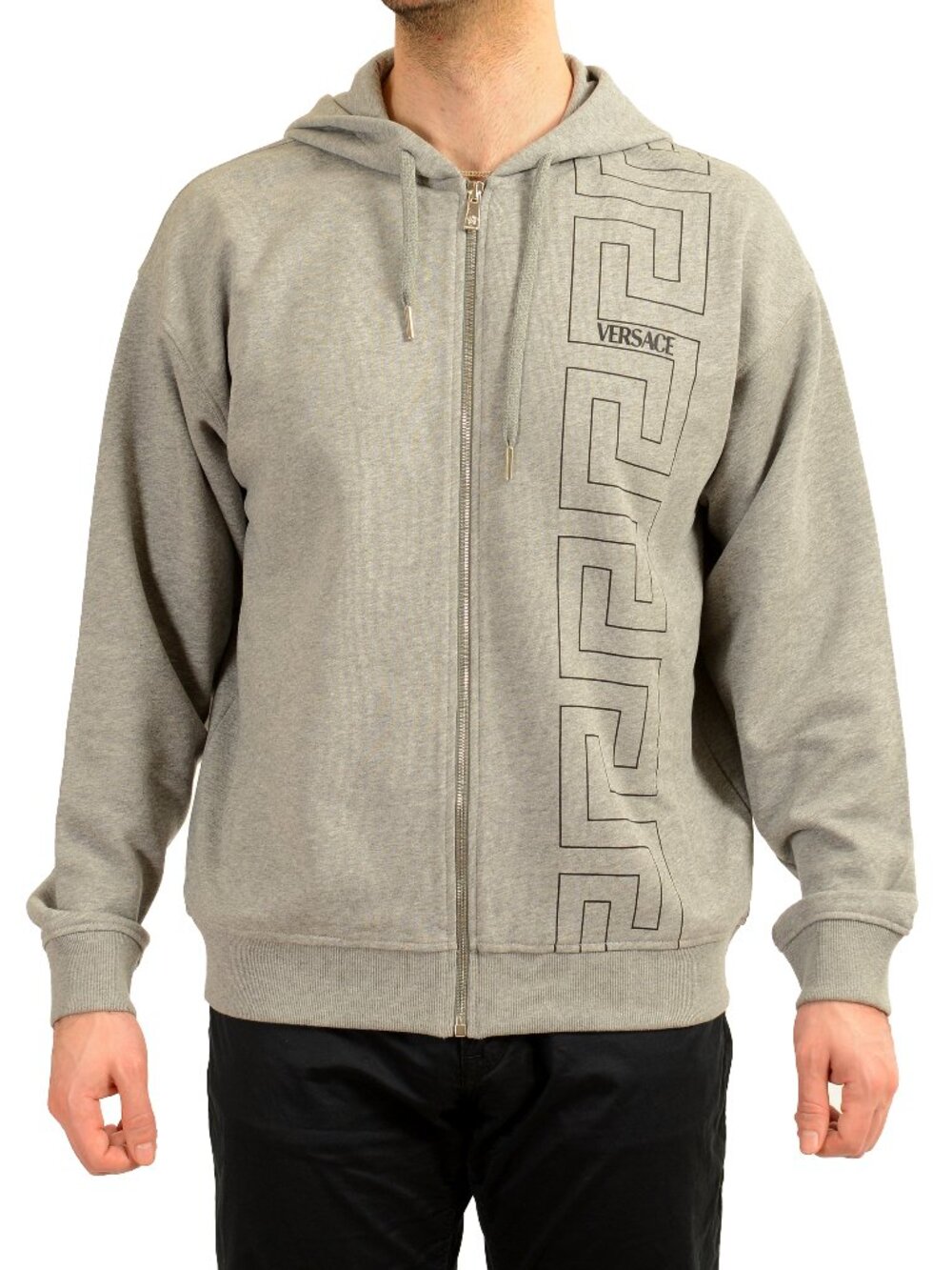 Versace Men's Signature Greeca Gray Hooded Full Zip Hoodie Jacket US XL IT 54